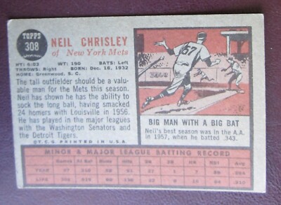 1962 Topps Neil Chrisley (New York Mets) #308 VG/EX | eBay