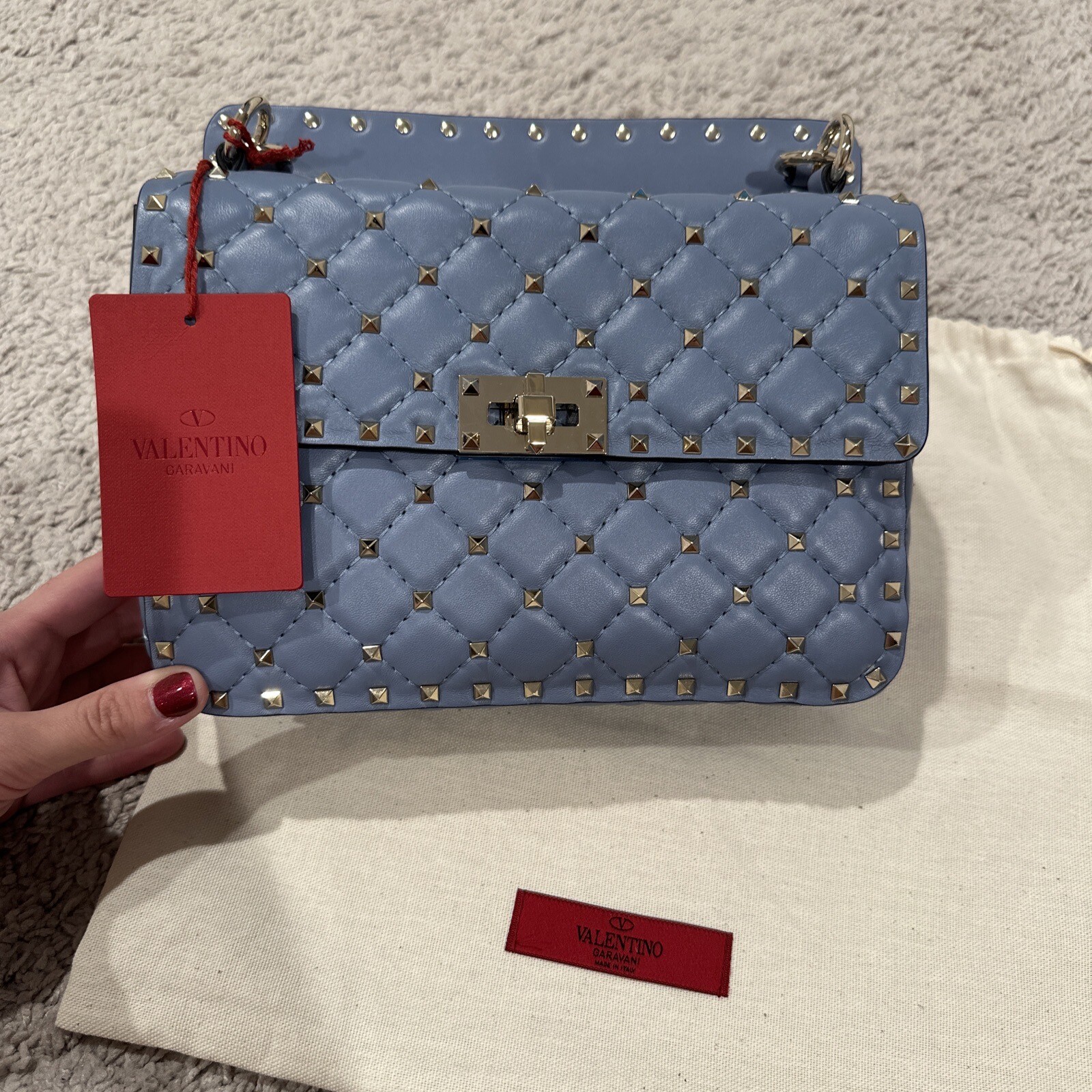 NWT Valentino Garavani Med. Rockstud Spike Calfskin Shoulder Bag Bluish/Grey 💙