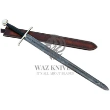 Damascus Medieval Single Handed Crusader Sword Claymore / Crusader Sword Leather