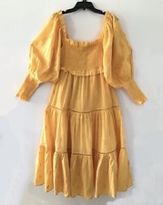 Farm Rio Yellow 3d Pineapple Tiered Long Sleeve Midi Dress XS Reg $255 NWT