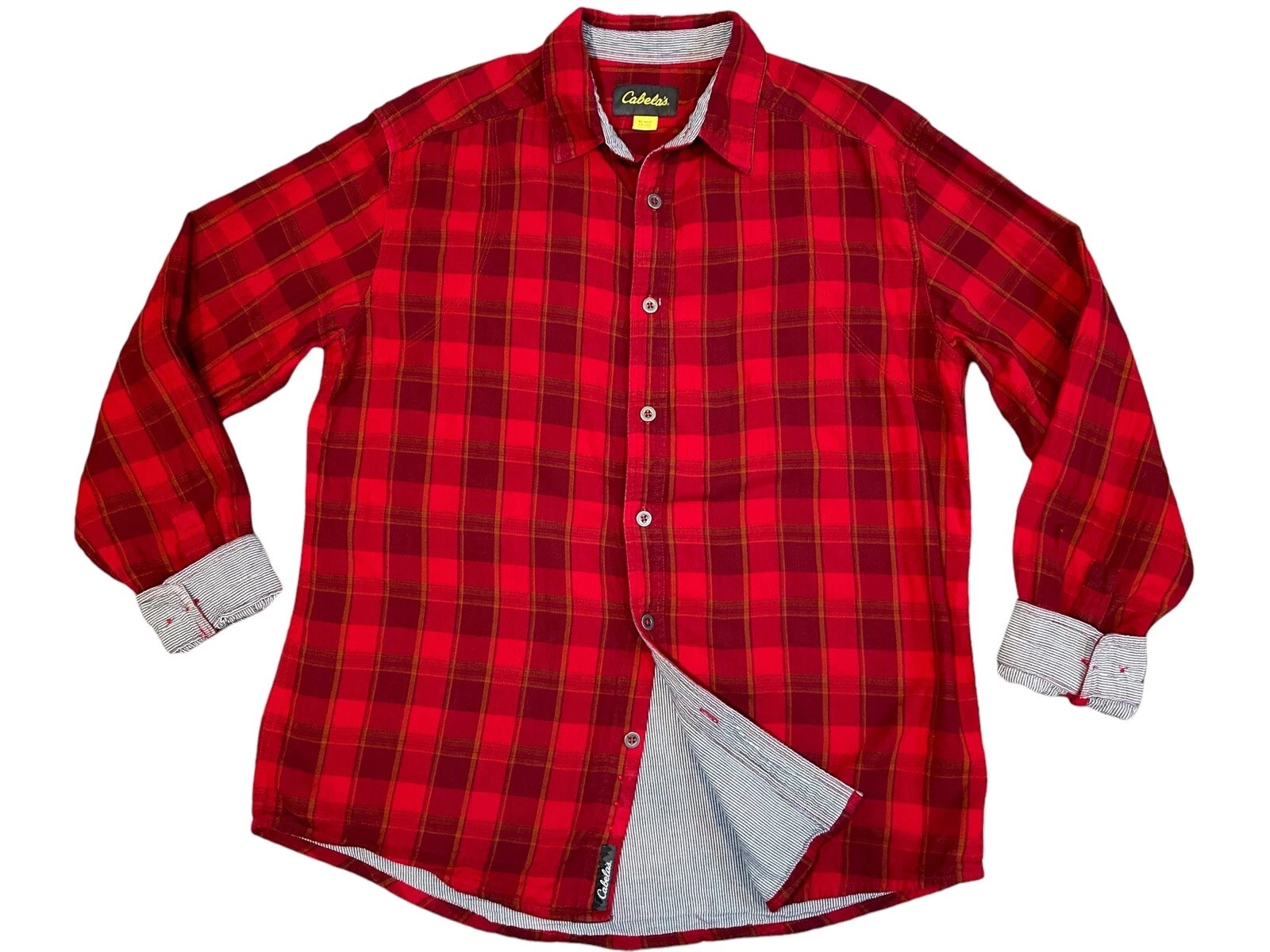 CABELAS Indigo Blues Shirt Size XL Red Plaid Roll Cuff Sleeve Layered Gorpcore