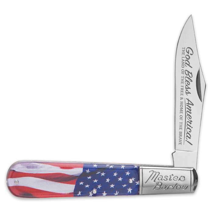 Master Barlow Proud American Flag 8" Open 4" Blade Etched-"God Bless America"
