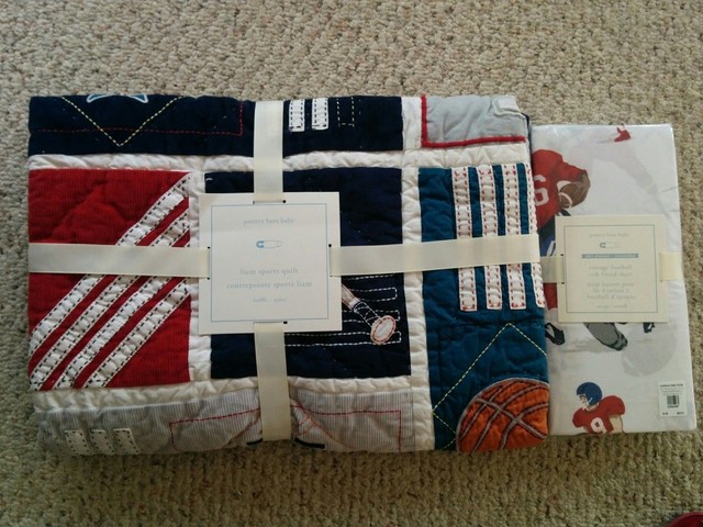 Pottery Barn Kids 2pc Liam Sports Quilt Crib Sheet Baseball