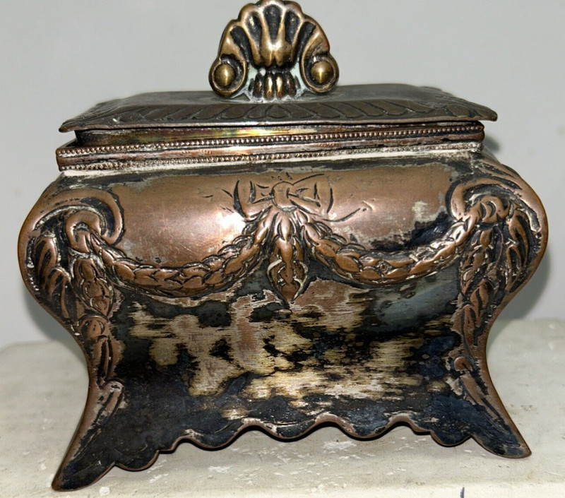 Vintage Fancy Silver Plate Copper Footed Tea Caddy