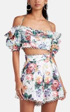 Zimmerman Allia Pintuck Short Floral Scalloped Linen High Waist White Pink Green