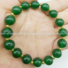 Fashion 12mm Natural Green Jade Round Gemstone Beads Elastic Bracelet 7.5'' AAA+
