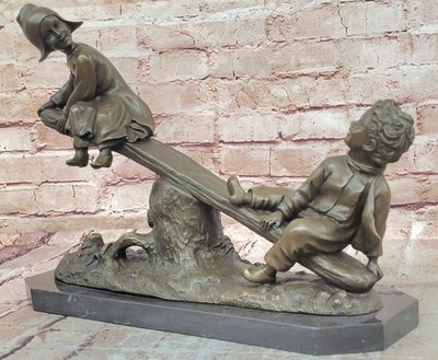 Daste Art Deco Bronze Statue Joyful Children Playing Seesaw Collectible Art Gift
