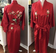 Vintage Chinese Kimono 100 Silk Robe Duster Jacket Red Oriental Asian New Med