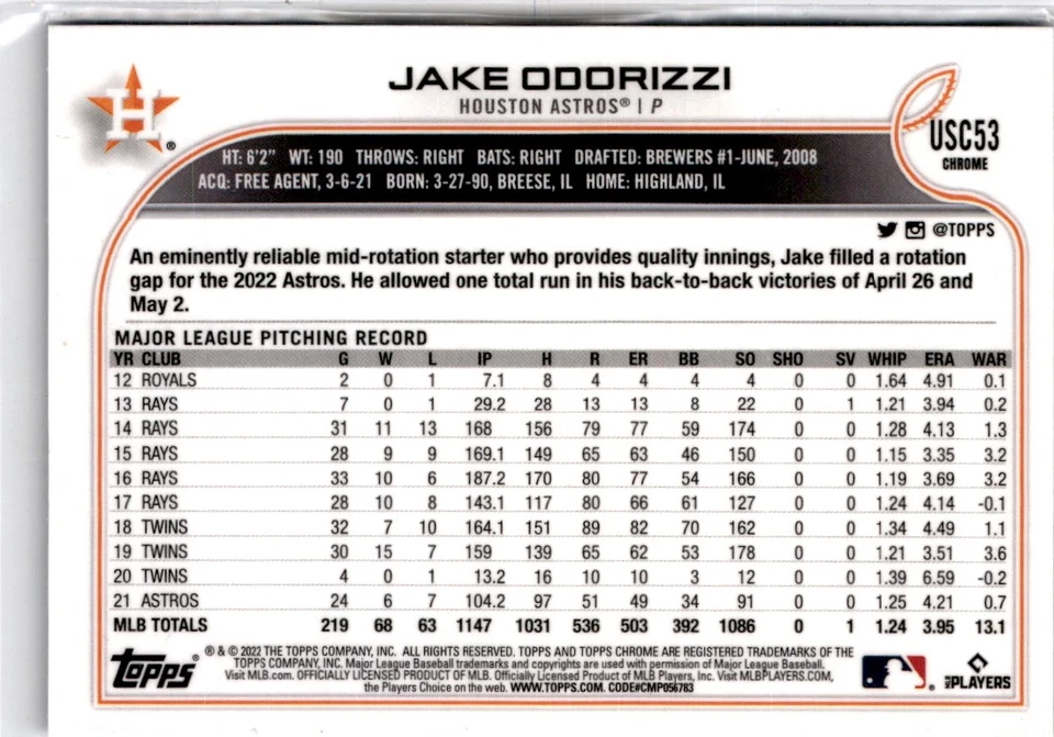 2022 Topps Chrome Update #USC53 Jake Odorizzi Purple Refractor - Image 2 of 2