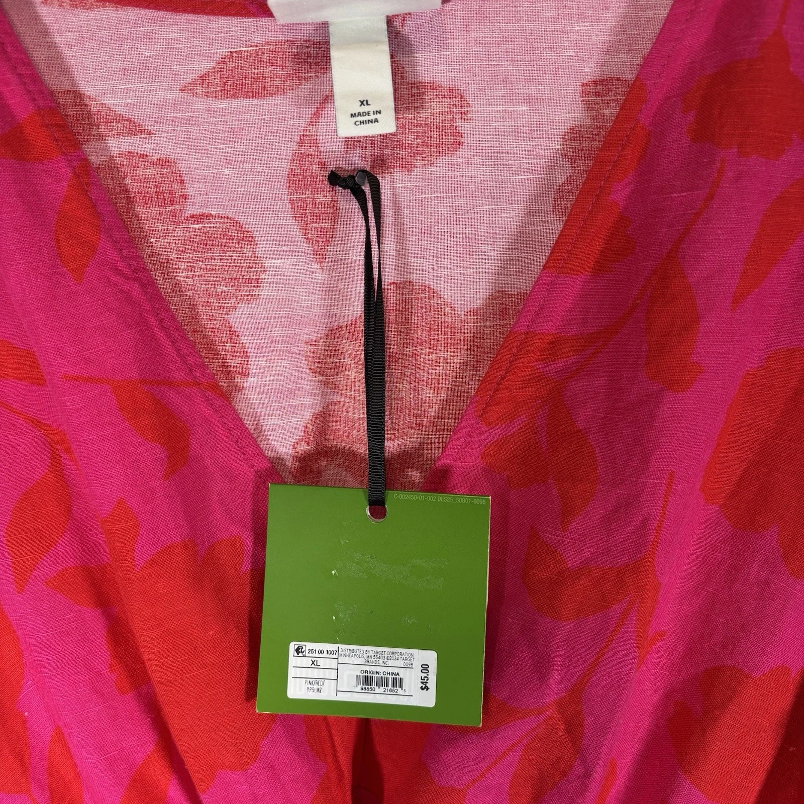 Maxi abito donna Kate Spade nuovo rosa caldo floreale misto lino manica lunga TG XL