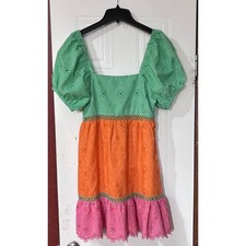 Anthropologie|Greylin Tani Colorblock Eyelet Puff Sleeve Mini Dress Boho|Small
