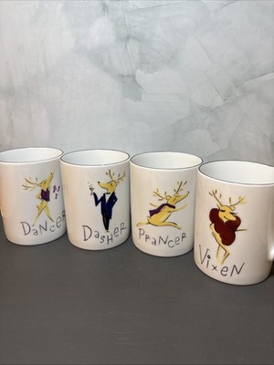 Set of 4 Pottery Barn Reindeer Mugs, Includes Dasher, Dancer, Prancer & Vixen