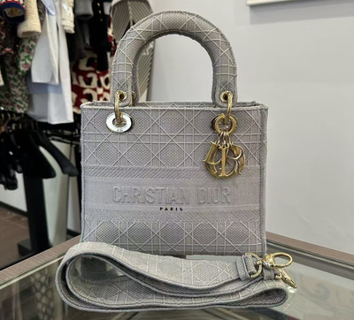 Dior Lady D-Lite Medium Bag Grey Cannage Canvas Gold Hardware Wide