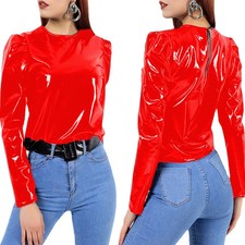 Women Long Sleeves Top back zipper coat Blouse Tops Faux Leather PVC T-shirt