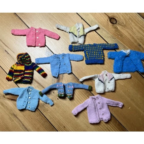 Lot of 10 Vintage Barbie Doll Cardigan Sweaters. Multi color. Blues/Pinks