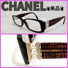 Chanel three pearl eyeglass frames Havana brown gold authentic Japan 046164