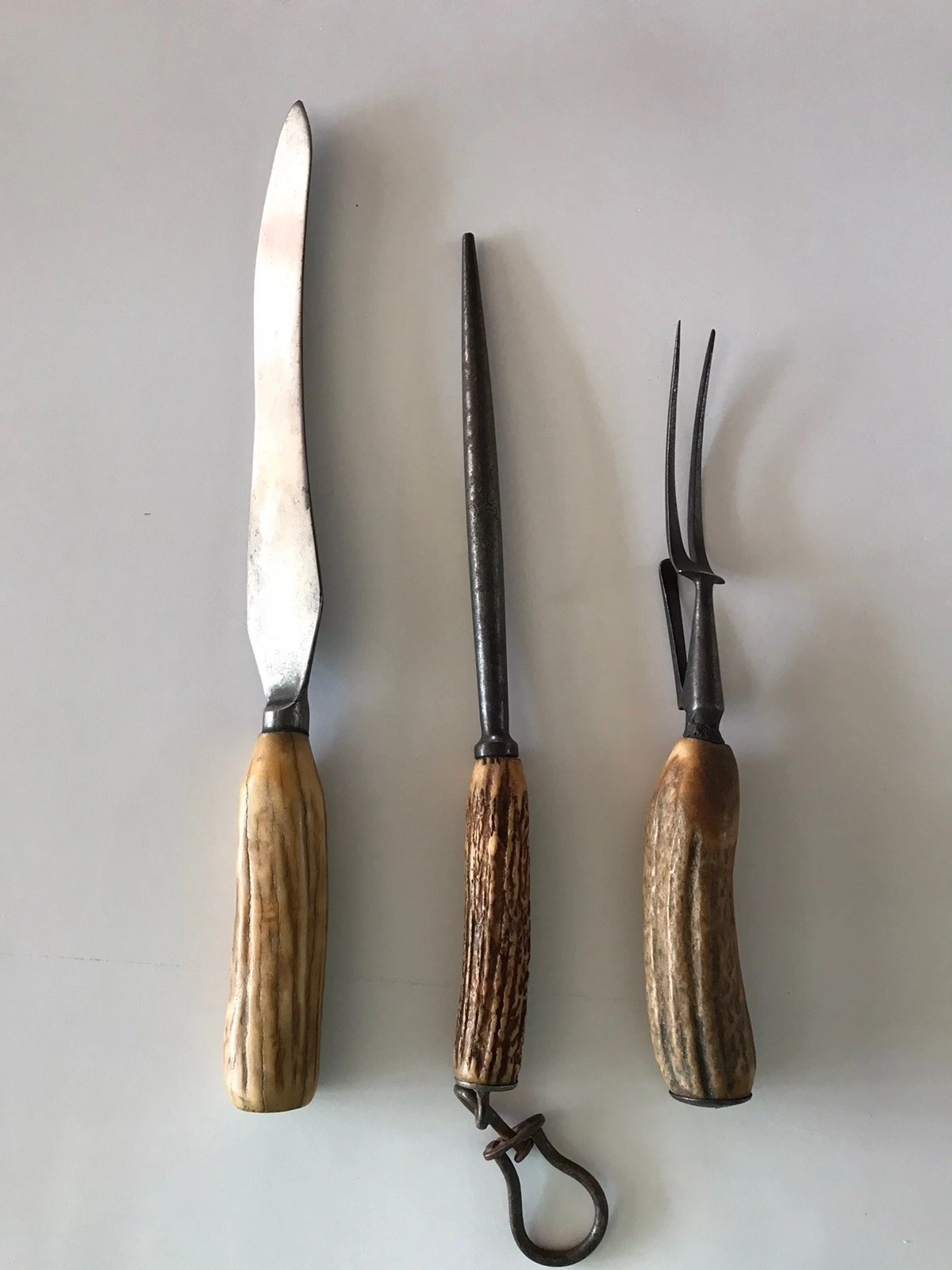 3 Piece Mismatched Antique English Stag Horn Knife, Fork, & Honing Rod