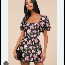 Lulu's Black Mini Dress with Pink Floral Pattern Valentine Night Puff Sleeve L