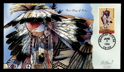 DR WHO 1996 FDC INDIAN FANCY DANCE BEVIL HANDPAINTED CACHET M75365