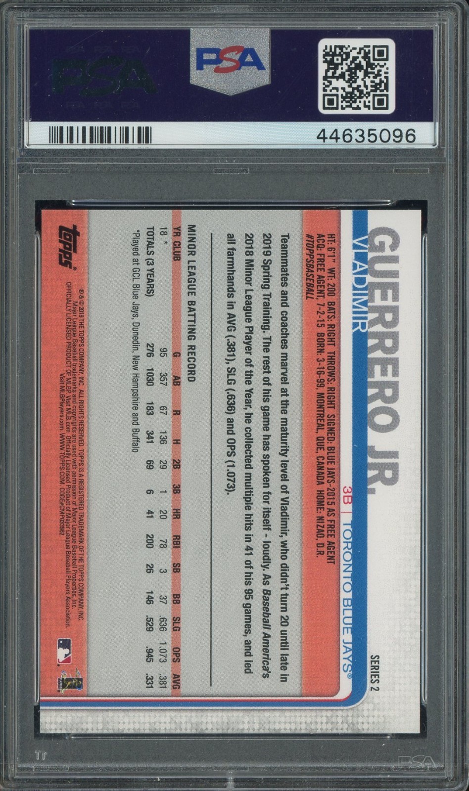2019 Topps Missing Card Number Vladimir Guerrero Jr RC Rookie Blue Jays PSA 10 view 2