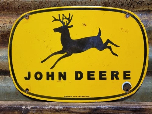 VINTAGE JOHN DEERE PORCELAIN SIGN OLD 1963 FARM TRACTOR EQUIPMENT BARN VERIBRITE