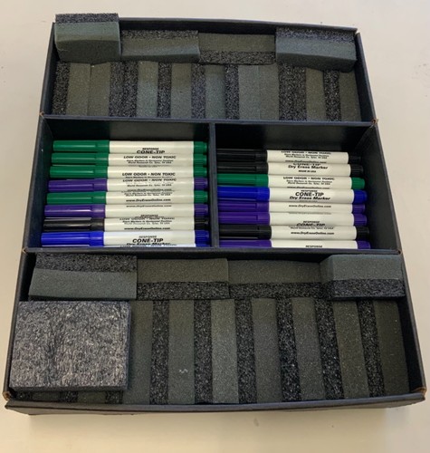 66 Dry Erase Black Purple Green Markers and 27 Erasers Classroom Set Made in USA