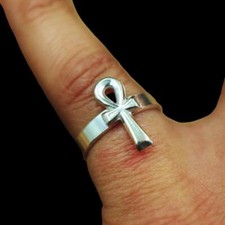 Oxidized Handmade Silver Ring Band "Ancient Egyptian Ankh Cross Key" ADJUSTABLE