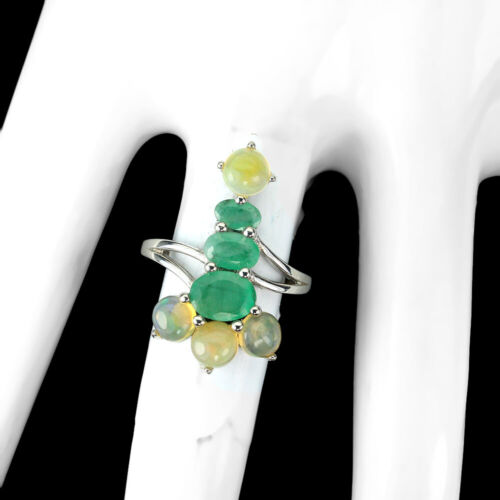 Anillo De Plata 925 Ovalado Con Esmeralda 7x5mm Y Ópalo De Fuego Joyería Talla 7 - Imagen 3 de 10