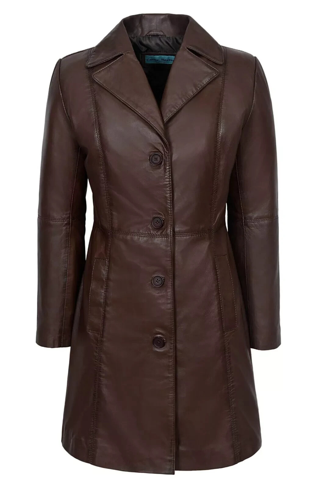 Women's Vintage Brown Lambskin Leather Long Coat Classic Hip Length Trench Coat