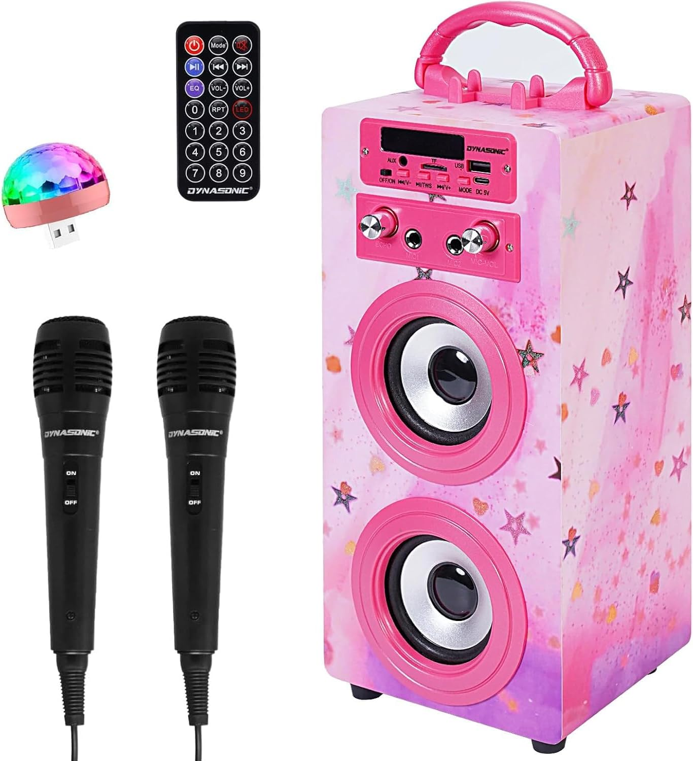 DYNASONIC Karaoke Machine with 2 Microphones, Portable Bluetooth Speaker with Li