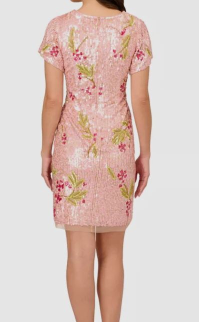 Adrianna Papell Women's Pink V-Neck Short-Sleeve Beaded Mesh