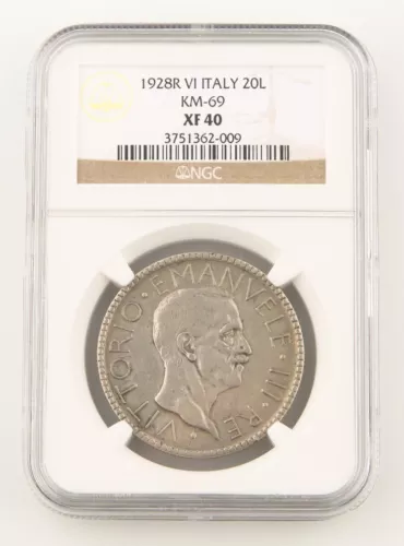 1928-R VI Italy 20 Lire Silver Coin XF-40 NGC Vittorio Emanuele Rome Lira KM#69