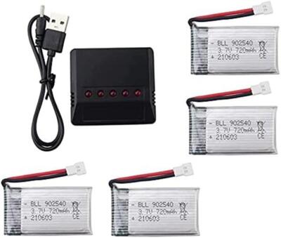 Set of 4 LiPo Battery 3.7V 720mAh for RC Drones | With Charger, Syma X5, CX-30W