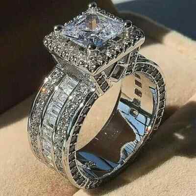 4Ct Princess Cut Lab Created Diamond Engagement Halo Ring 14K White Gold Plated