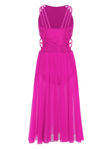 Girl Lyrical Dance Dress Modern Dancewear Sleeveless Sequins Bodice Waist Outfit - Picture 64 of 162