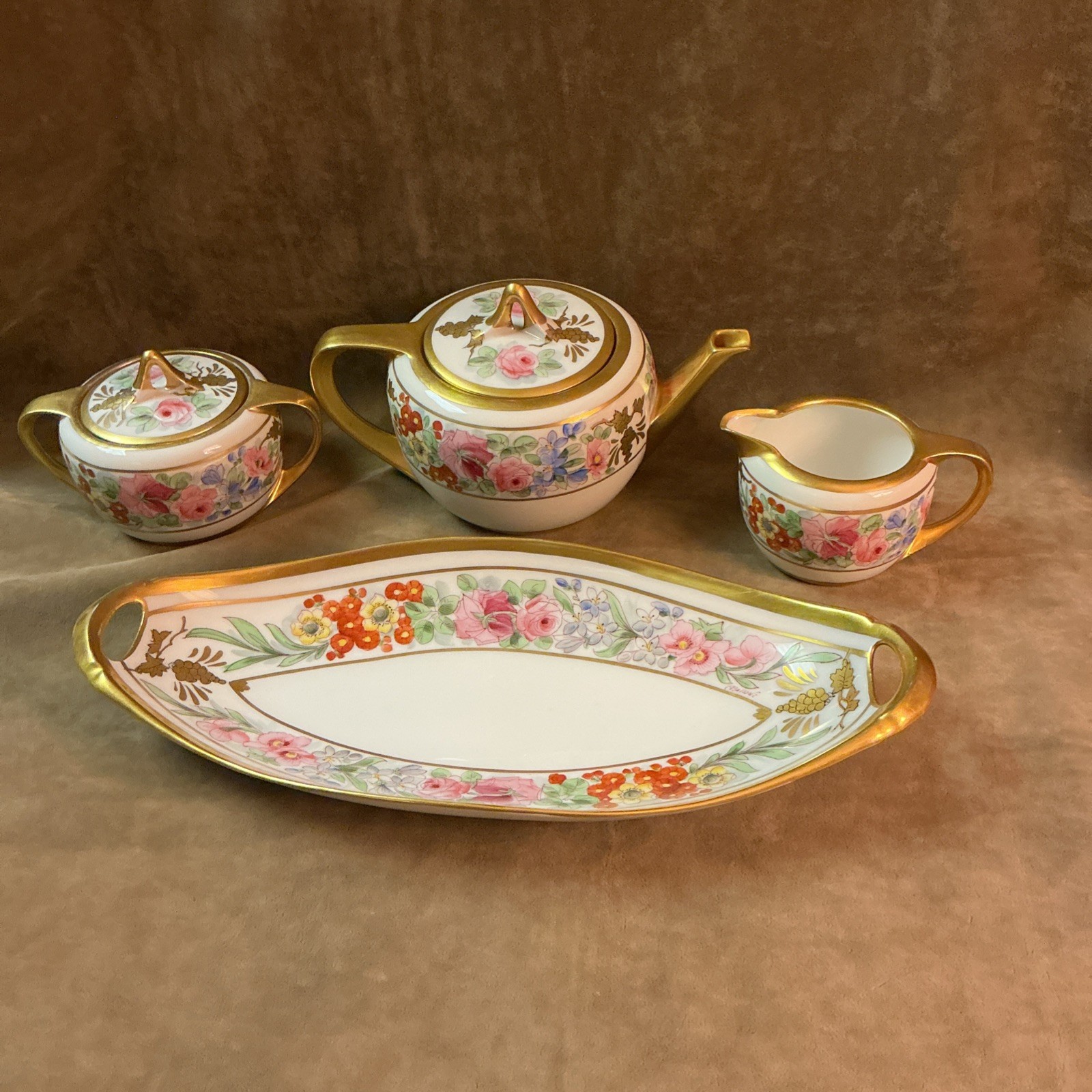 Circa 1920s Pickard China signed Arthur Passoni floral roll tray Tea Set Gilt