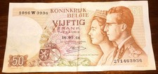 Banknote Belgium 50 Francs 1966 Koninkrijk Belgie  VIJFTIG Bill,Currency,used