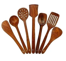 Wooden Handmade Serving and Cooking Spoons Brown Spoons Kitchen Utensil Set 7Pcs
