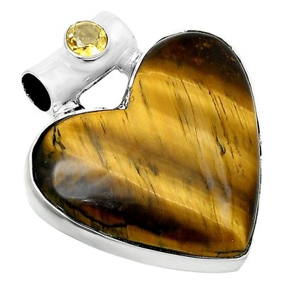 Premium Heart Tiger Eye & Citrine 925 Sterling Silver Pendant Jewelry P-1300