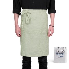 Pure Linen Bistro Half Apron - 25 x 35 Inch Unisex Waist Aprons with Large Pocke