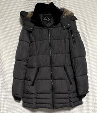 Womens Large Winter Coat Dark Grey Full Zip Puffer Faux Tan Fur Hood EXCELLENT