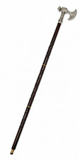 Carved Wooden Walking Cane with Silver Tone Axe Handle, 3 Piece Walking Stick