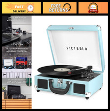 Bluetooth Suitcase Record Player - Turquoise, 3-Speed Turntable, Built-in Speake