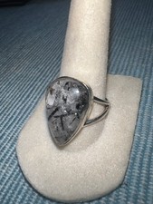 925 Sterling Silver Black Rutile Quartz Teardrop Shape Stone Ring/ Size 9 343 