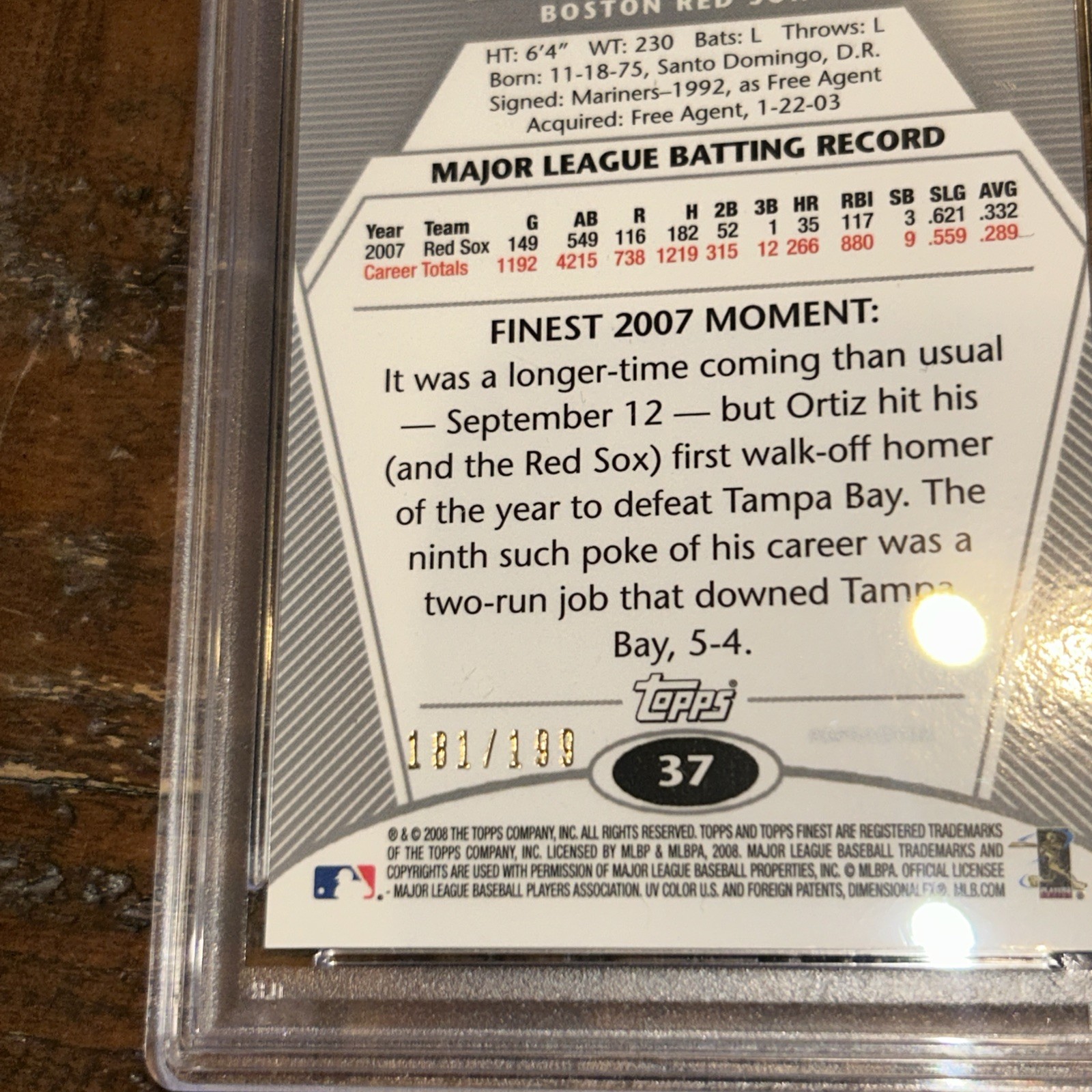 2008 Topps Finest #37 David Ortiz Green Refractor /199 PSA 9 Pop 1 Only 1 higher view 4