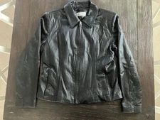 Jones Wear Sport Womens Black Leather Long Sleeve Pockets Full Zip Jacket Size L