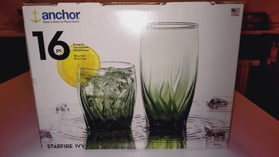 Anchor Hocking STARFIRE IVY 16tlg Gläser Set Grün USA RAR Vintage Design NEU