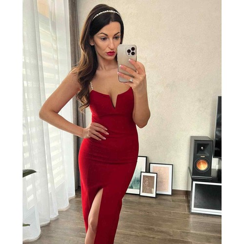 ZARA NEW PEARL STRAP MIDI SHEATH DRESS FRONT SLIT RED M MEDIUM - Picture 7 of 14