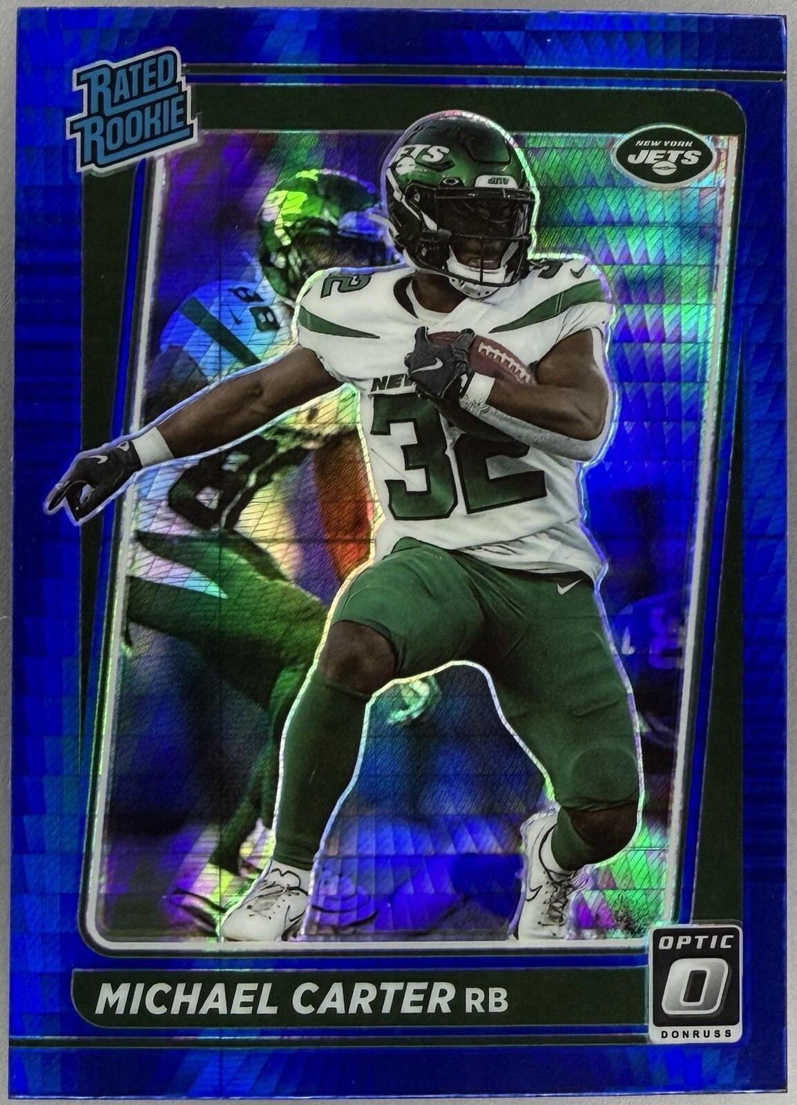 2021 Donruss Optic Michael Carter Blue Hyper Rated Rookie #235 Jets