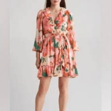 Taylor faux wrap satin floral dress semi long sleeve ruffle party feminine